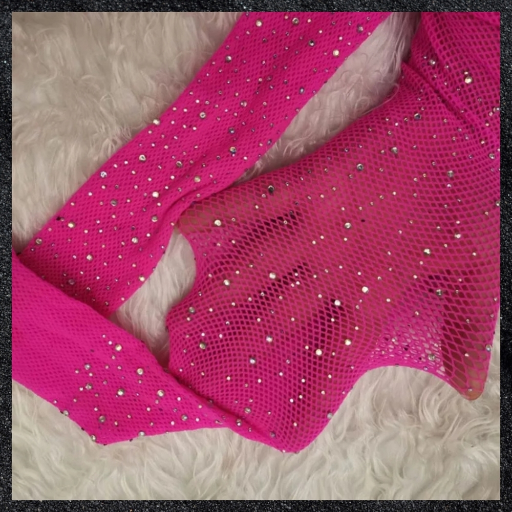 Dark Pink Rhinestone Fishnet Crotchless Garter Belt Thigh High Pantyhose - Picture 7 of 7